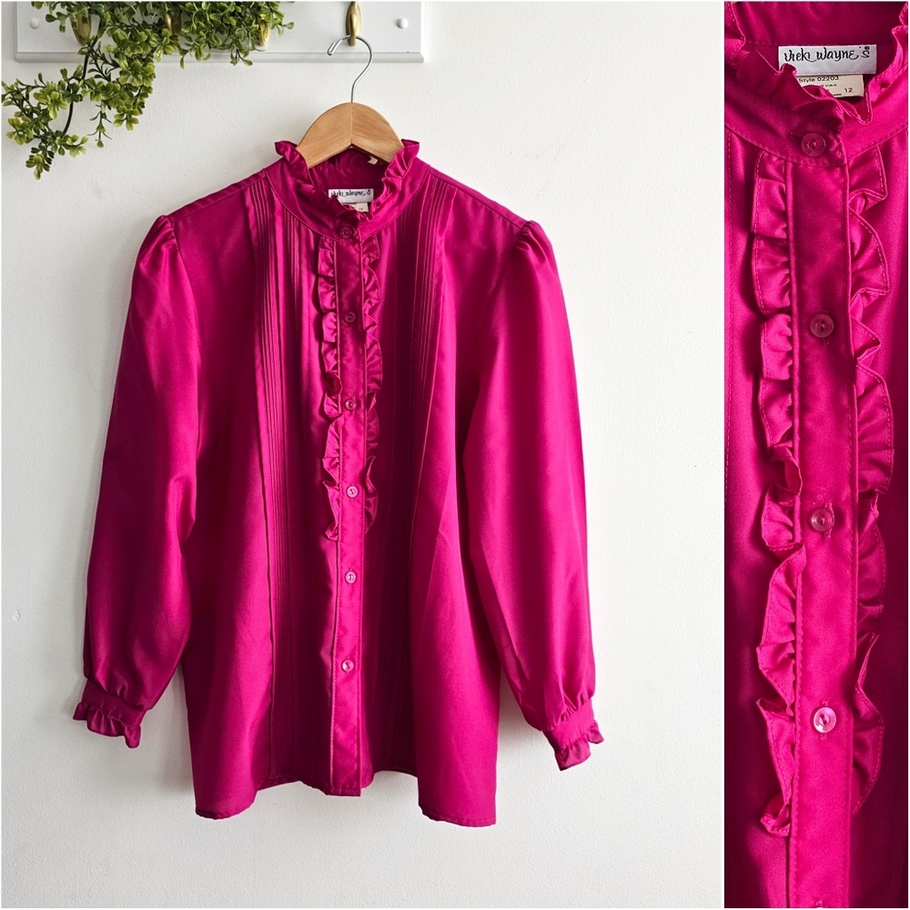 💗 Vintage 70s Vicki Wayne’s Ruffle Blouse Fuchsia Made in USA Women’s 12